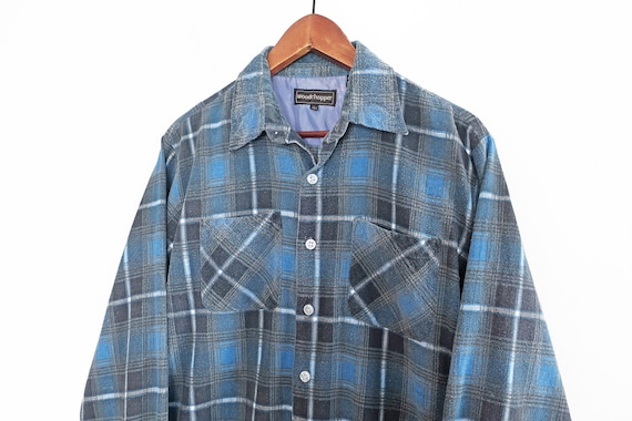 plaid flannel shirt / blue plaid button up / 1970… - image 1