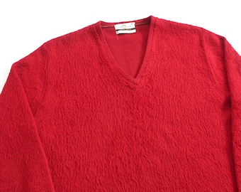 mohair sweater / fuzzy sweater / 60s burgundy mohair v neck sweater Small