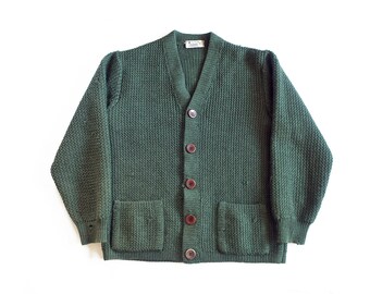 vintage cardigan / green cardigan / 1950s Thane green wool waffle knit grandpa cardigan grunge sweater Small