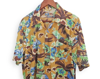 Hang Ten shirt / Hawaiian shirt / 1970s Hang Ten Hibiscus Palm Tree Aloha shirt short sleeve Large