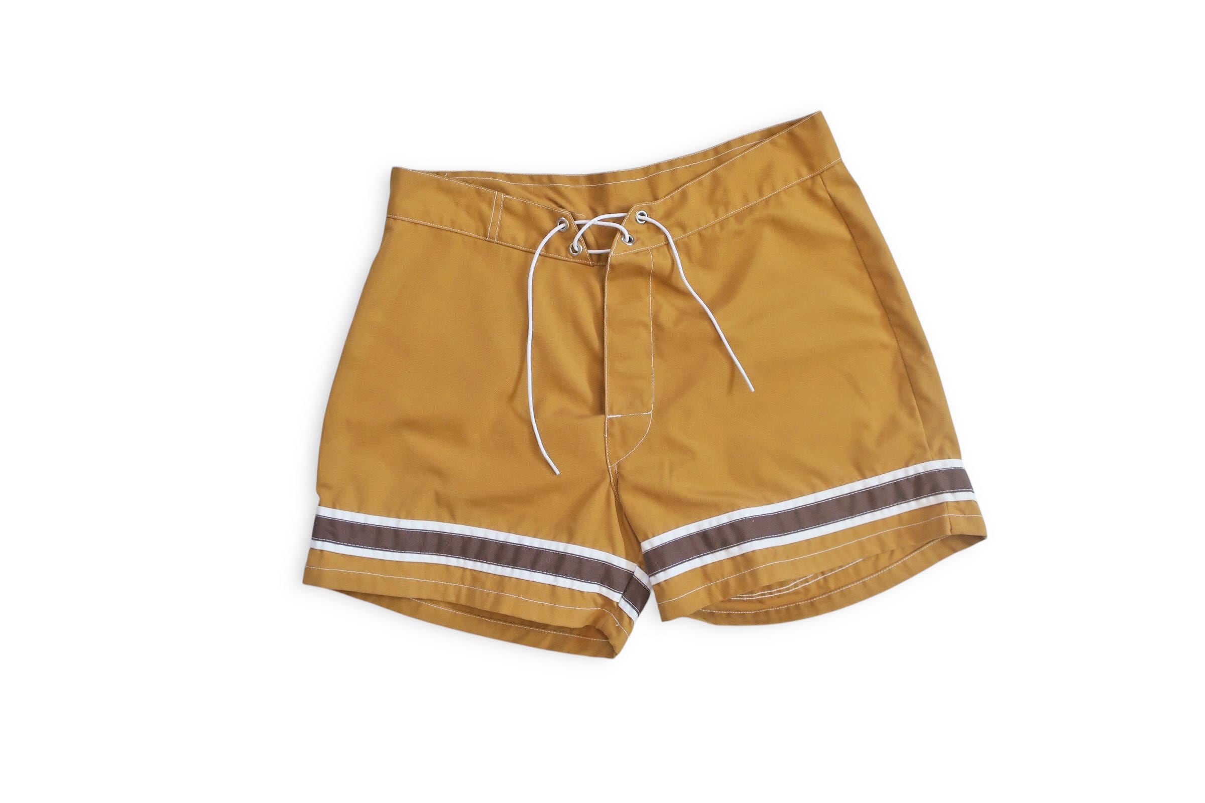 70s mustard striped board shorts / 1970s JC Penney surfer shorts 32