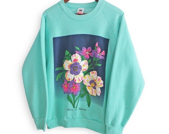 flowers sweatshirt / 90s sweatshirt / 1990s seafoam Bignonia flowers raglan sweatshirt Large