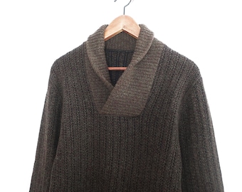 Suéter vintage / suéter de cuello chal / suéter de abuelo con cuello chal de punto de lana verde de los años 60 Pequeño