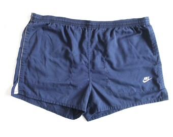 vintage Nike shorts / running shorts / 1980s Nike Swoosh navy running gym basketball shorts Large