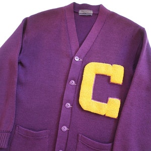 vintage cardigan / varsity cardigan / 1950s collegiate varsity wool knit letterman purple cardigan Small