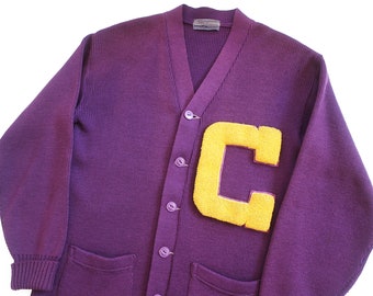 vintage cardigan / varsity cardigan / 1950s collegiate varsity wool knit letterman purple cardigan Small