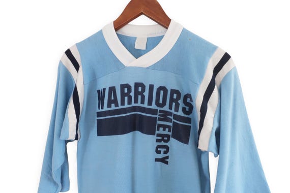 70s striped jersey / Warriors jersey / 1970s Mercy Warriors blue striped jersey shirt Small