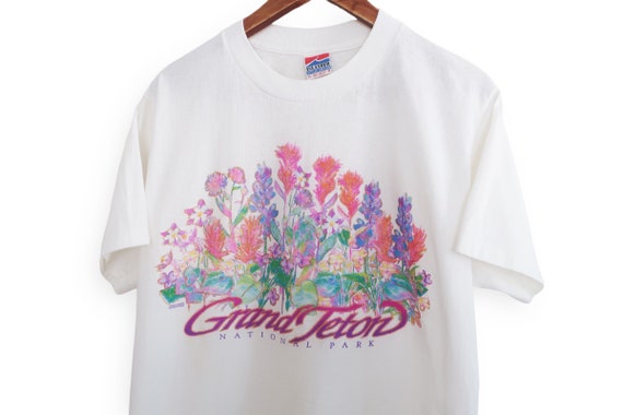 vintage flower shirt / National Park shirt / 1990s Grand Teton National Park wildflowers t shirt Medium