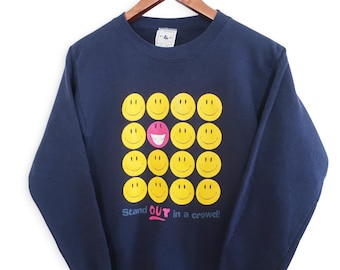 Sudadera vintage con carita sonriente / Sudadera azul marino con carita sonriente de los 90, talla XS