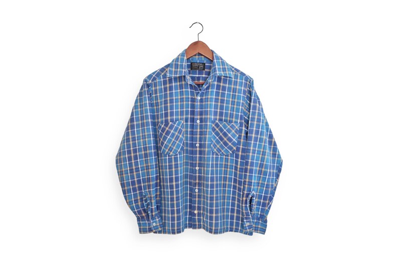 vintage plaid shirt / 70s button up / 1970s JCPenney blue plaid cotton long sleeve button up flannel Medium image 2