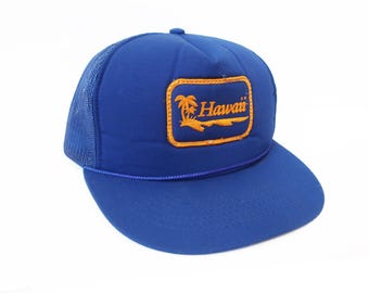 vintage Hawaii hat / 90 trucker hat / 1990s Hawaii palm tree patch blue trucker hat snapback cap