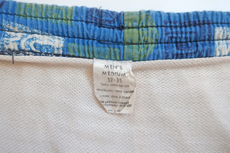 vintage swim shorts / 60s shorts / 1960s blue and green tiki block print cotton drawstring swim shorts Large image 3