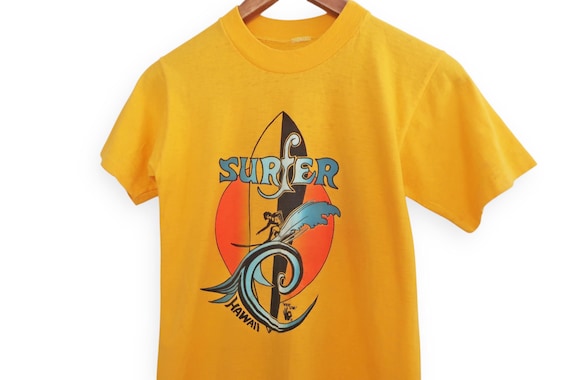 vintage surf shirt / 70s t shirt / 1970s Hawaii Surfer yellow cotton aloha t shirt XS