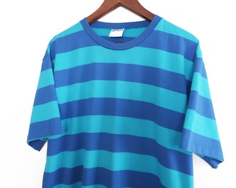 90s striped shirt / baggy t shirt / 1990s blue border striped cotton t shirt baggy oversize fit Medium