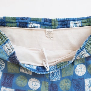 vintage swim shorts / 60s shorts / 1960s blue and green tiki block print cotton drawstring swim shorts Large image 2