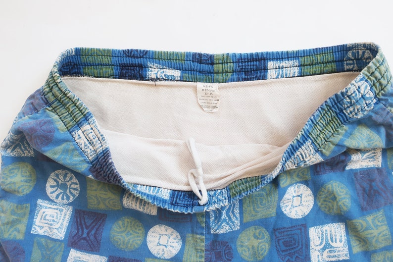 vintage swim shorts / 60s shorts / 1960s blue and green tiki block print cotton drawstring swim shorts Large image 2