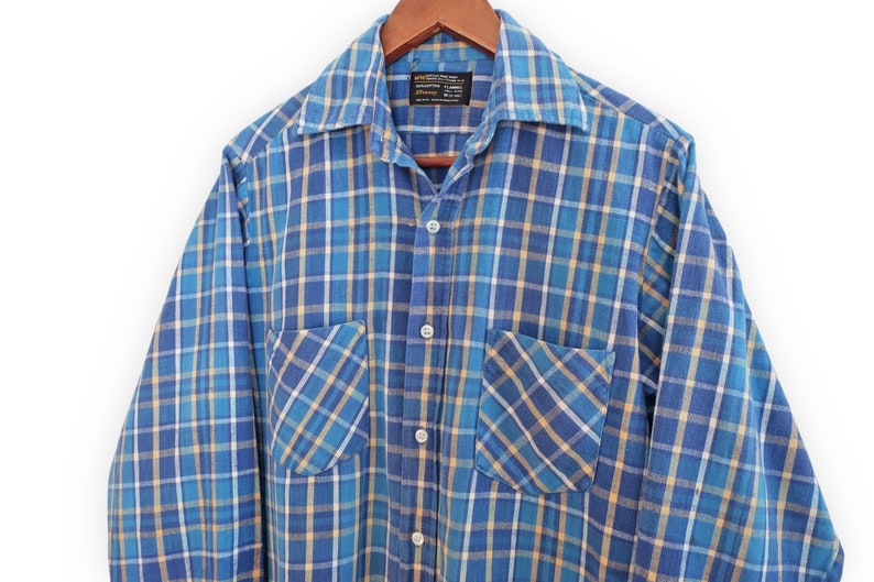 vintage plaid shirt / 70s button up / 1970s JCPenney blue plaid cotton long sleeve button up flannel Medium image 1