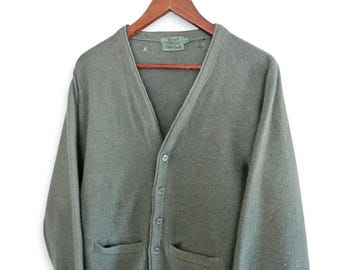 vintage green wool cardigan / 1960s wool knit army green cardigan Small