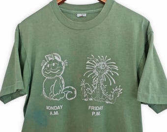 vintage t shirt / Garfield t shirt / 1990s Garfield work week humor distressed green boxy t shirt Medium