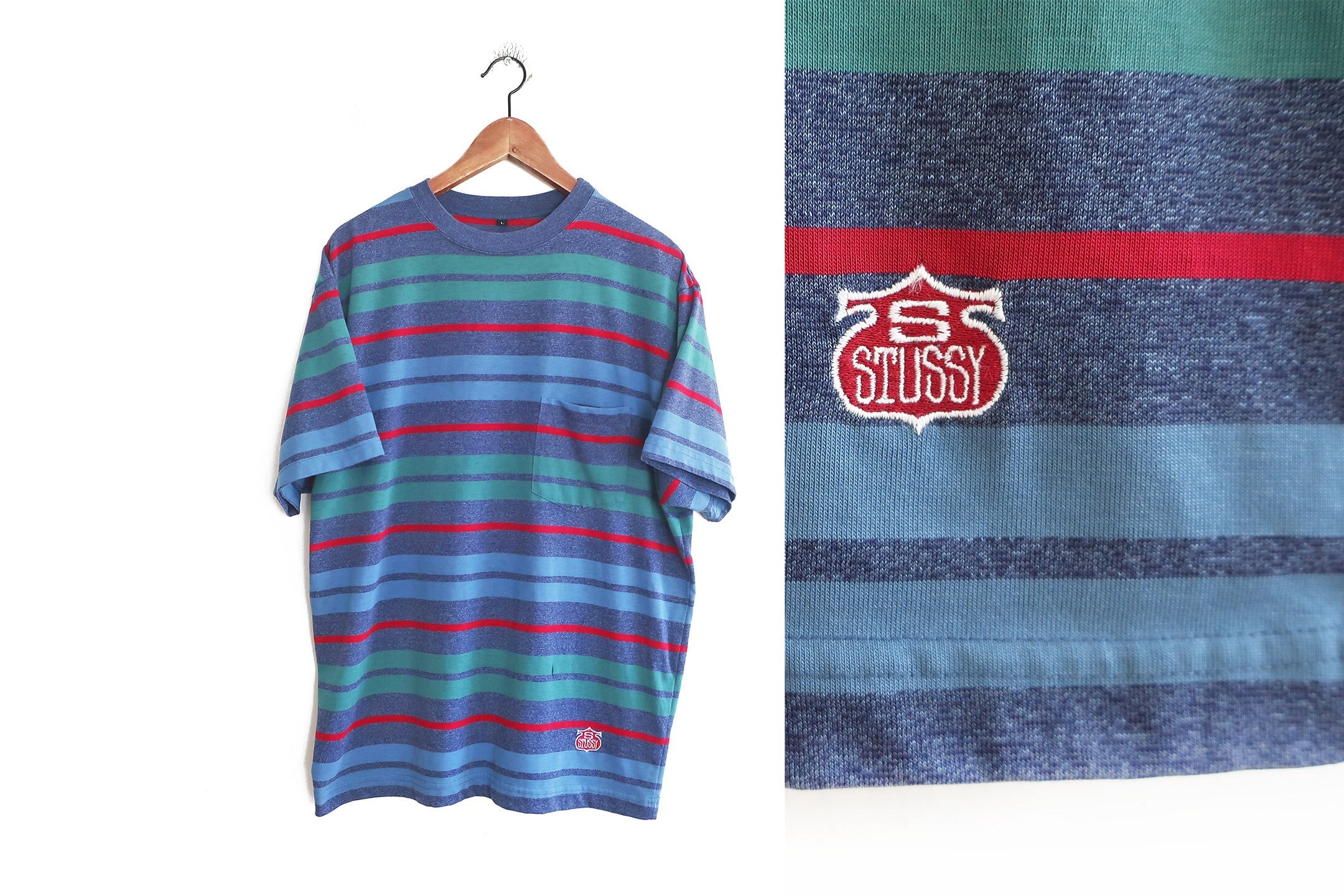 Vintage Stussy Shirt / Striped T Shirt / 1980s Stussy Multi Color