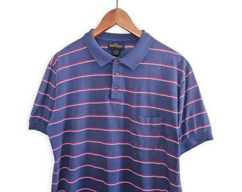 vintage blue striped polo shirt / 1980s blue and red striped thin polo ringer shit Large