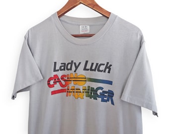 rainbow text shirt / vintage casino shirt / 1980s Lady Luck Casino Manager rainbow text shirt Medium