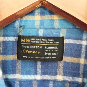 vintage plaid shirt / 70s button up / 1970s JCPenney blue plaid cotton long sleeve button up flannel Medium image 3