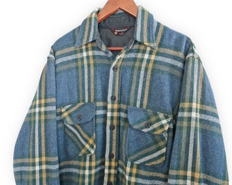vintage CPO jacket / plaid jacket / 1960s Penneys Towncraft blue green plaid CPO wool jacket Large