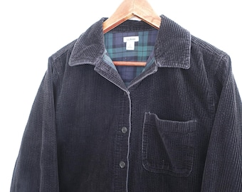 corduroy shirt / LL Bean shirt / 1990s LL Bean black plaid lined corduroy button up long sleeve shirt Small