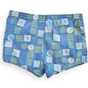 vintage swim shorts / 60s shorts / 1960s blue and green tiki block print cotton drawstring swim shorts Large image 5