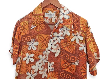 vintage aloha shirt / 50s Hawaiian shirt / 1950s rayon aloha plumeria tiki block print Hawaiian shirt Medium