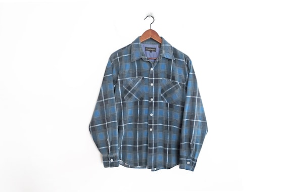 plaid flannel shirt / blue plaid button up / 1970… - image 3