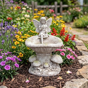 May include: A detailed garden statue featuring a fairy with outstretched wings, seated on a mushroom-shaped fountain. The statue is made of a light-coloured stone and is surrounded by colourful flowers and greenery.
