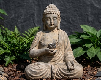 Stone Buddha Garden Statue with LED Tea Light – Zen Meditation Decor for Indoor Outdoor Garden, Spiritual Sculpture Accent