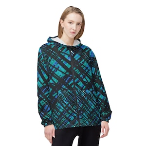 Teal Blue Abstract Plaid Windbreaker Jacket