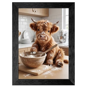 May include: A framed print featuring a Highland cow calf in a kitchen setting. The calf is covered in flour, sitting next to a wooden bowl and spoon. The image has a warm, inviting feel, with a focus on the adorable animal and baking theme.