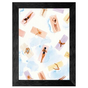 May include: A framed art print featuring a watercolor illustration of people sunbathing on colorful beach towels. The artwork has a light blue and white background with watercolor clouds. The people are wearing swimsuits in various colors, and the frame is black.