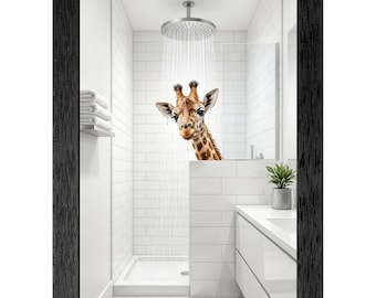 Whimsical Baby Giraffe Shower Digital Painting, Modern Animal Bathroom Decor (Ready to Hang)