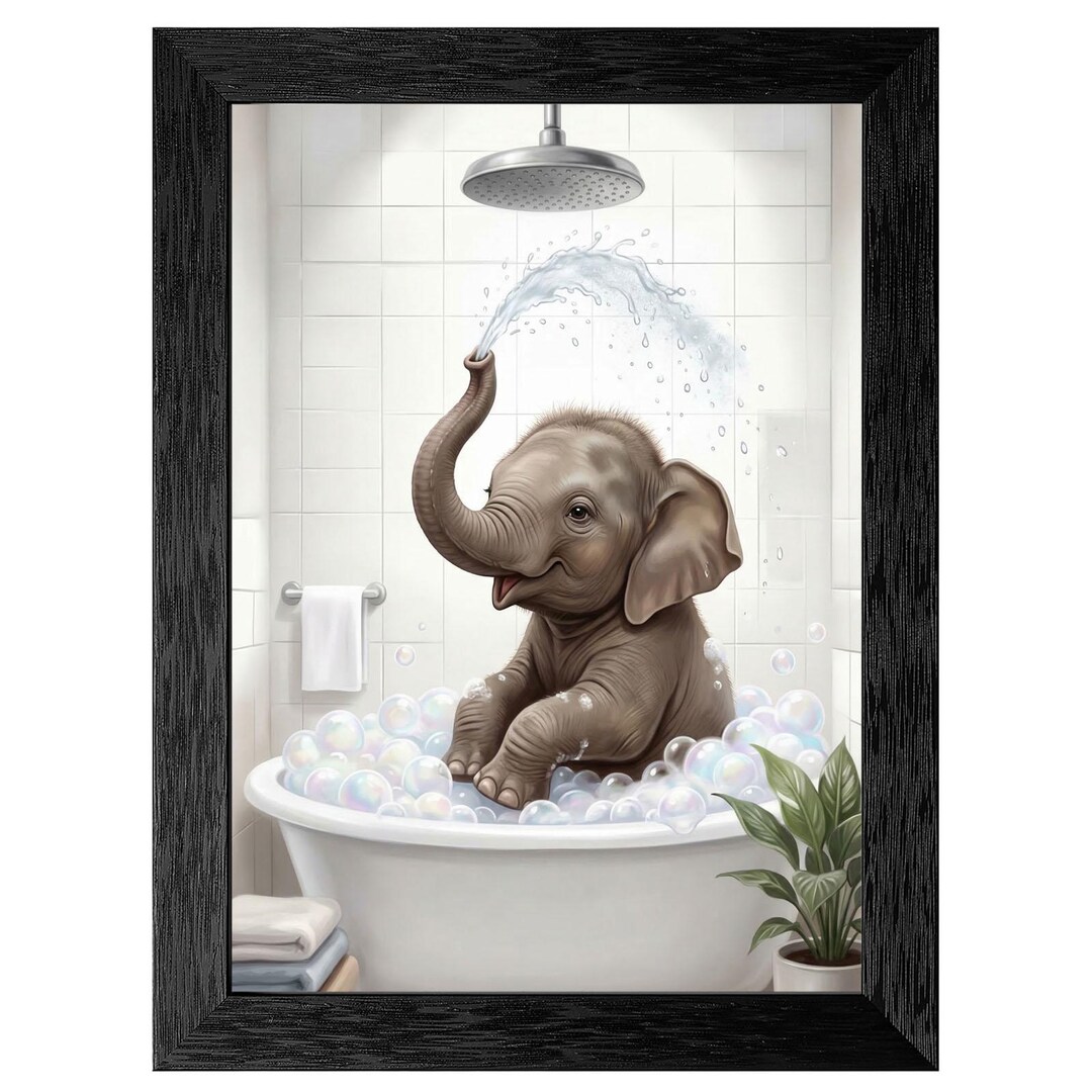 Baby Elephant Bathtub Digital Painting, Playful Animal Bathroom Decor ...