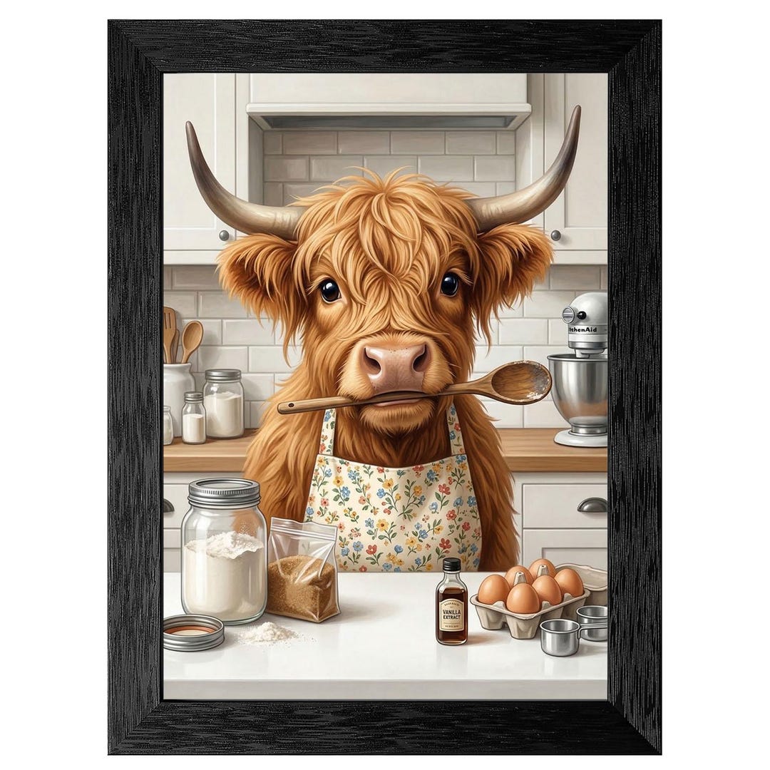 Framed Highland Cow Baking Print, Whimsical Kitchen Wall Art, Farmhouse ...