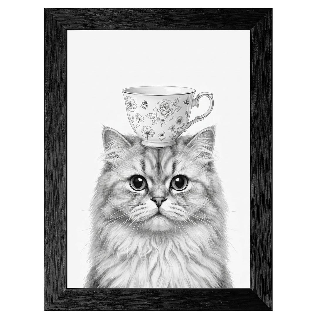 Persian Cat Minimalist Art, Black White Animal Portrait With Tea Cup ...