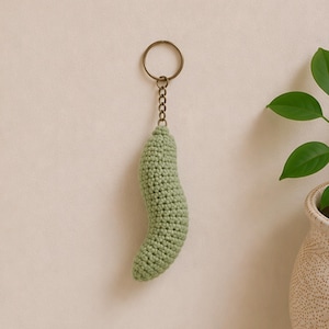 May include: A handmade, light green crocheted keychain in the shape of a curved pepper. The keychain has a bronze-colored key ring and chain. The pepper is hanging against a neutral-colored wall, with a plant in a vase visible in the background.