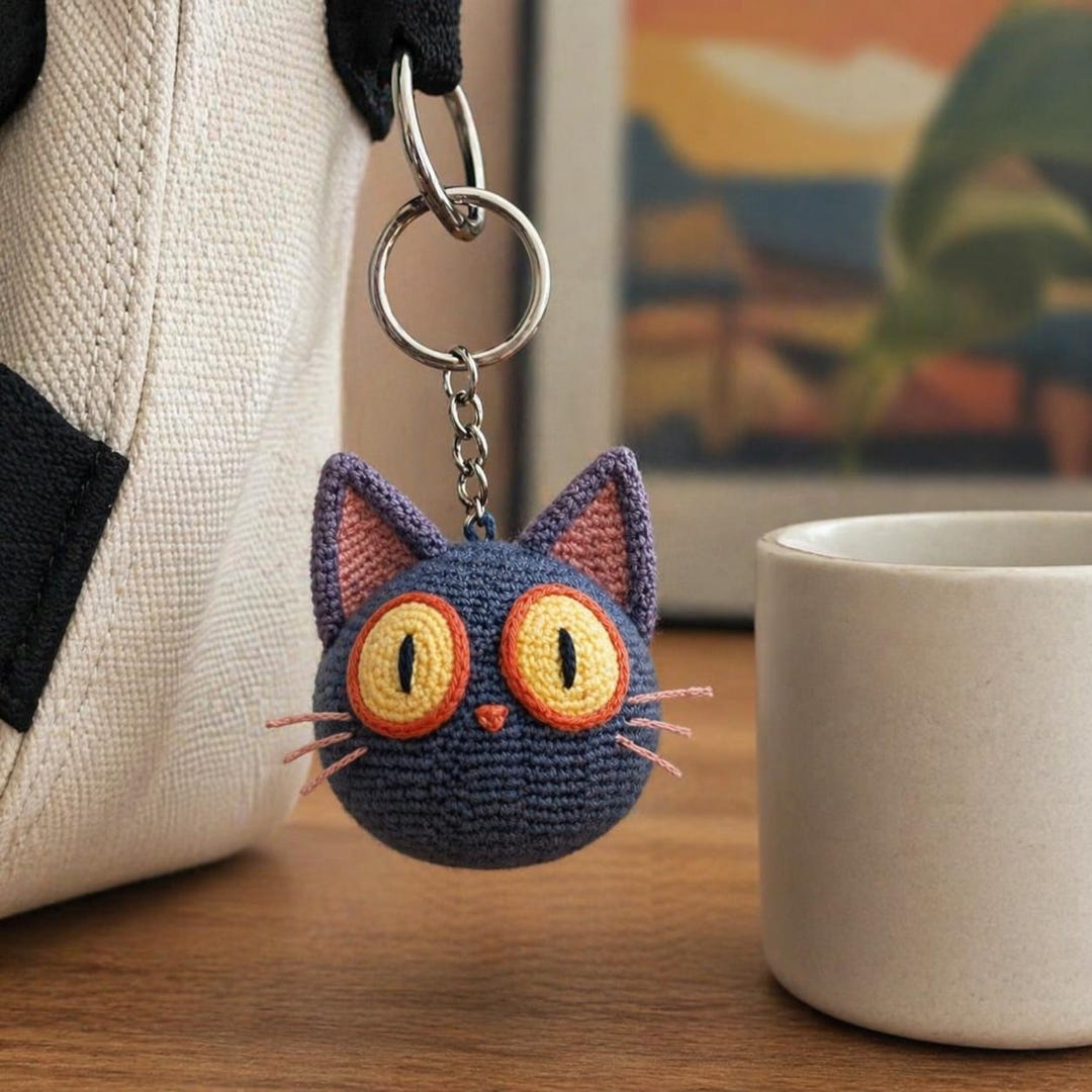 Crochet Cat Keychain Cute Amigurumi Cat Head Charm Handmade Animal ...
