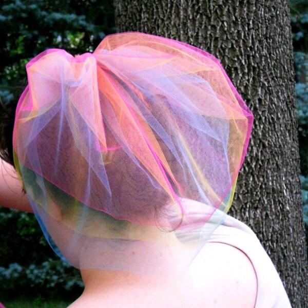 Rainbow Veil Blusher - Short Bachelorette / Destination Wedding Bride  -  blue yellow and hot  pink / magenta tulles