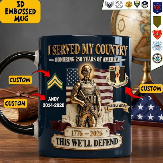 Custom Military Veteran Mug, Custom Army Rank & Name 3D Embossed Effect Coffee Cup, 250 Years of America 1776-2026 Gift for Soldier