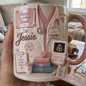 Puede incluir: Taza de café de cerámica con asa y detalles en rosa, decorada con elementos médicos. La taza presenta un diseño de bata de enfermera, un estetoscopio y el nombre "Jessie". Incluye el texto "Nursing is a work of heart" y "Mental Health Matters".