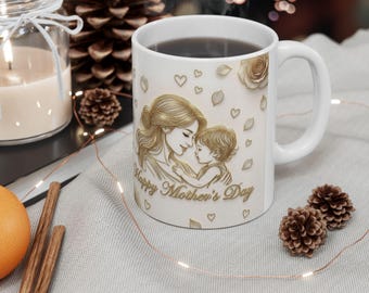 Happy Mother's Day Floral Illustration Mug | Gold Rose Mom Coffee Cup