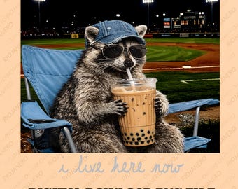 Mapache divertido campo de béisbol camiseta oscura solamente estilo mamá de béisbol PNG, imágenes prediseñadas de softbol, torneo de softbol de viaje, mamá de pelota de softbol DTG