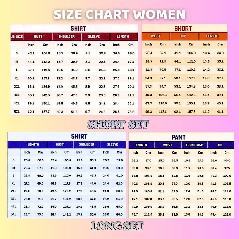 Puede incluir: Tabla de tallas de ropa de mujer, con medidas en pulgadas y cent&iacute;metros. Incluye tallas de camisas, shorts, conjuntos cortos, conjuntos largos y pantalones. Medidas: busto, hombro, manga, largo, cintura, cadera y tiro.