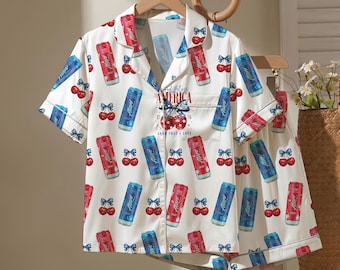 Conjunto de pijama de satén Alani para el 4 de julio, ropa de dormir para el Día de la Independencia, pijama patriótico con ribete de encaje personalizado, ropa de estar por casa de verano, regalo para las fiestas estadounidenses.